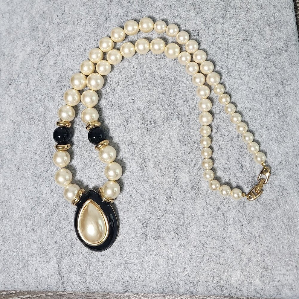 Napier Vintage Faux Pearl, Black Bead & Rhinestone Pendant Necklace 25"
